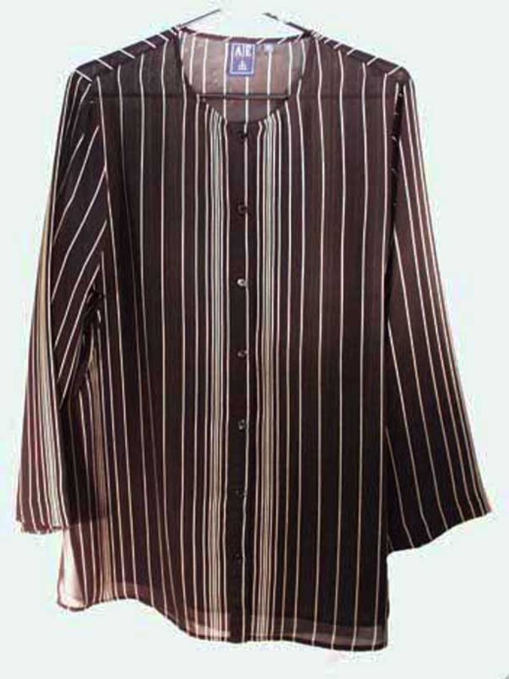 SHEER BLOUSE, LONG SLEEVES, BLACK & GOLD, MISSES 14, FINE VERTICAL STRIPES, SEE